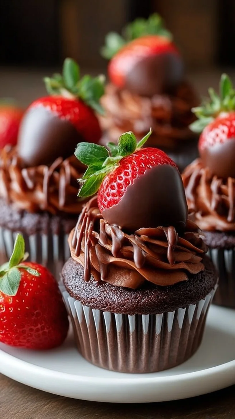 Delicious chocolate covered strawberry cupcakes ready to be served