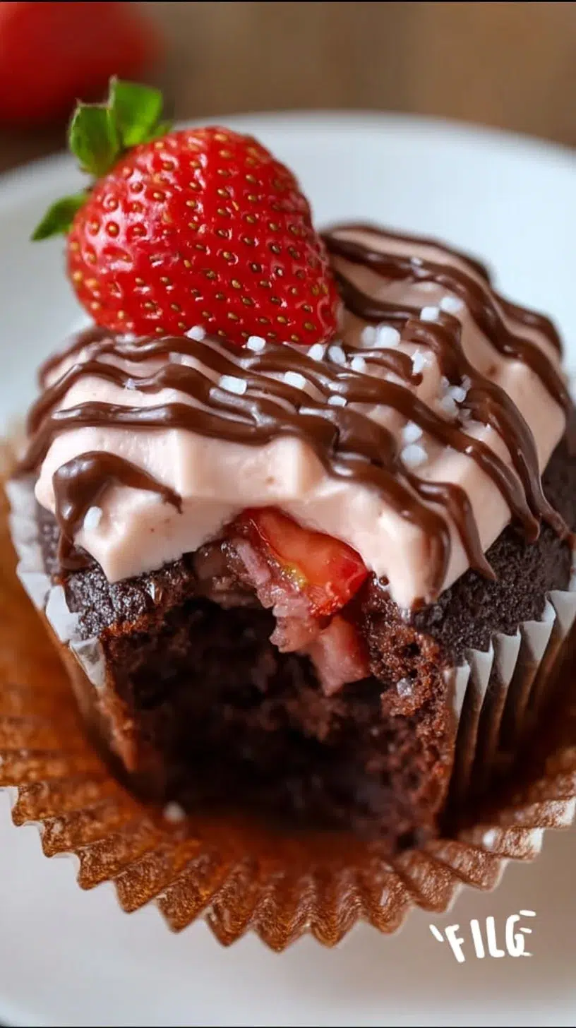 Delicious chocolate dipped strawberry cupcakes with fresh strawberries on top