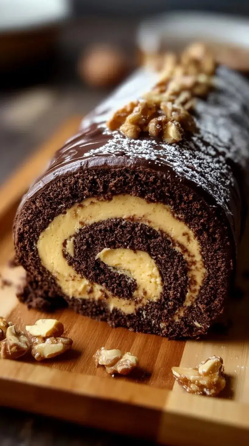 Delicious chocolate peanut butter cake roulade topped with rich frosting
