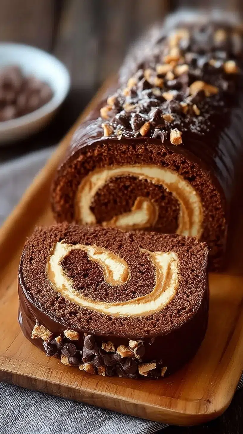 Delicious Chocolate Peanut Butter Cake Roulade with rich chocolate and creamy peanut butter