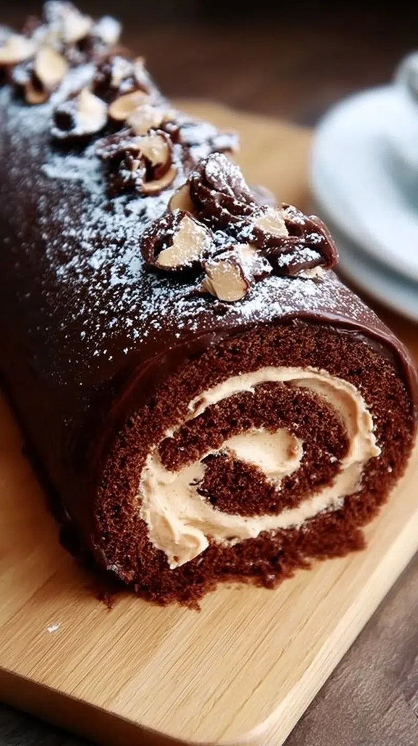 Chocolate peanut butter Swiss roll dessert with rich chocolate and creamy peanut butter filling.