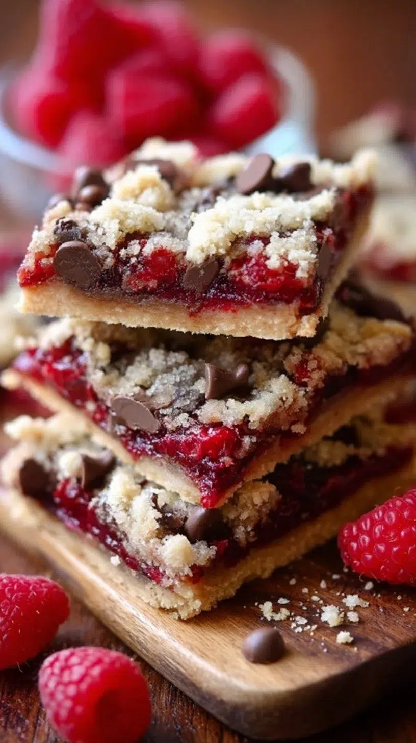 Delicious Chocolate Raspberry Crumb Bars with a crumbly topping and vibrant raspberries.