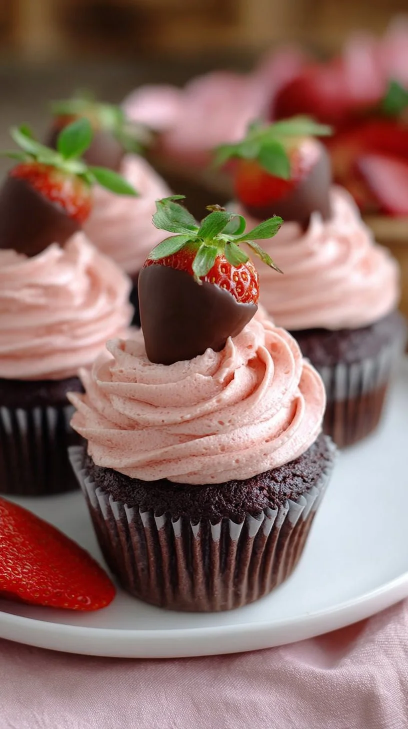 Delicious chocolate strawberry cupcakes topped with fresh strawberries and chocolate frosting.