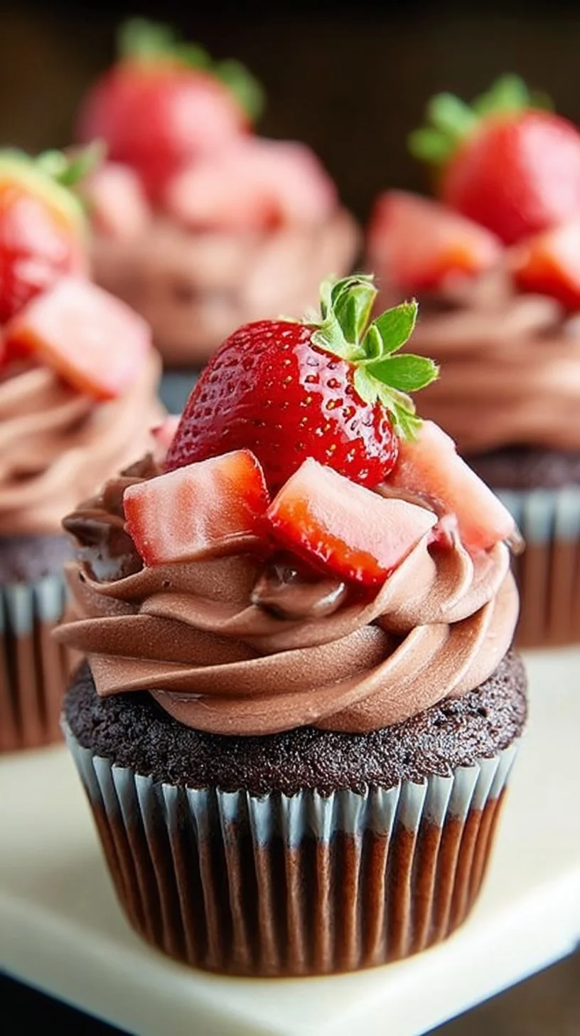 Delicious chocolate strawberry cupcakes topped with fresh strawberries and chocolate frosting