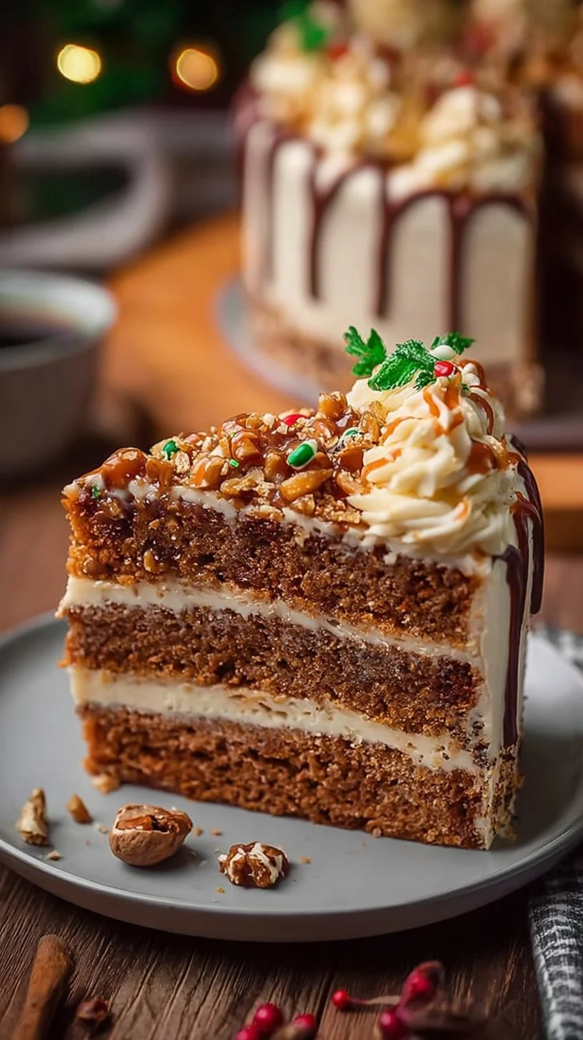 Delicious Christmas toffee crunch cake with festive decorations