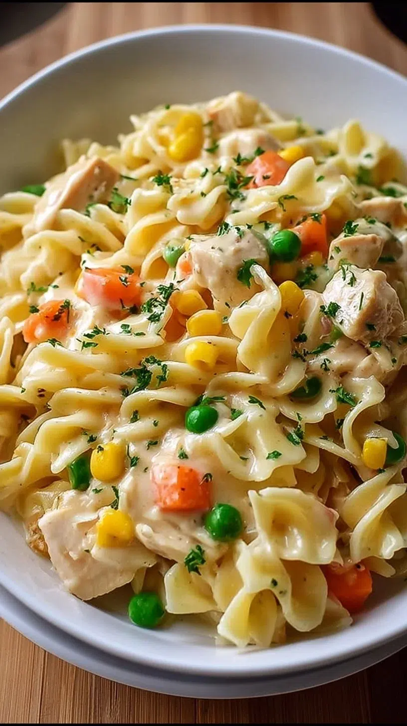 A delicious bowl of Classic Chicken Pot Pie Pasta topped with herbs.