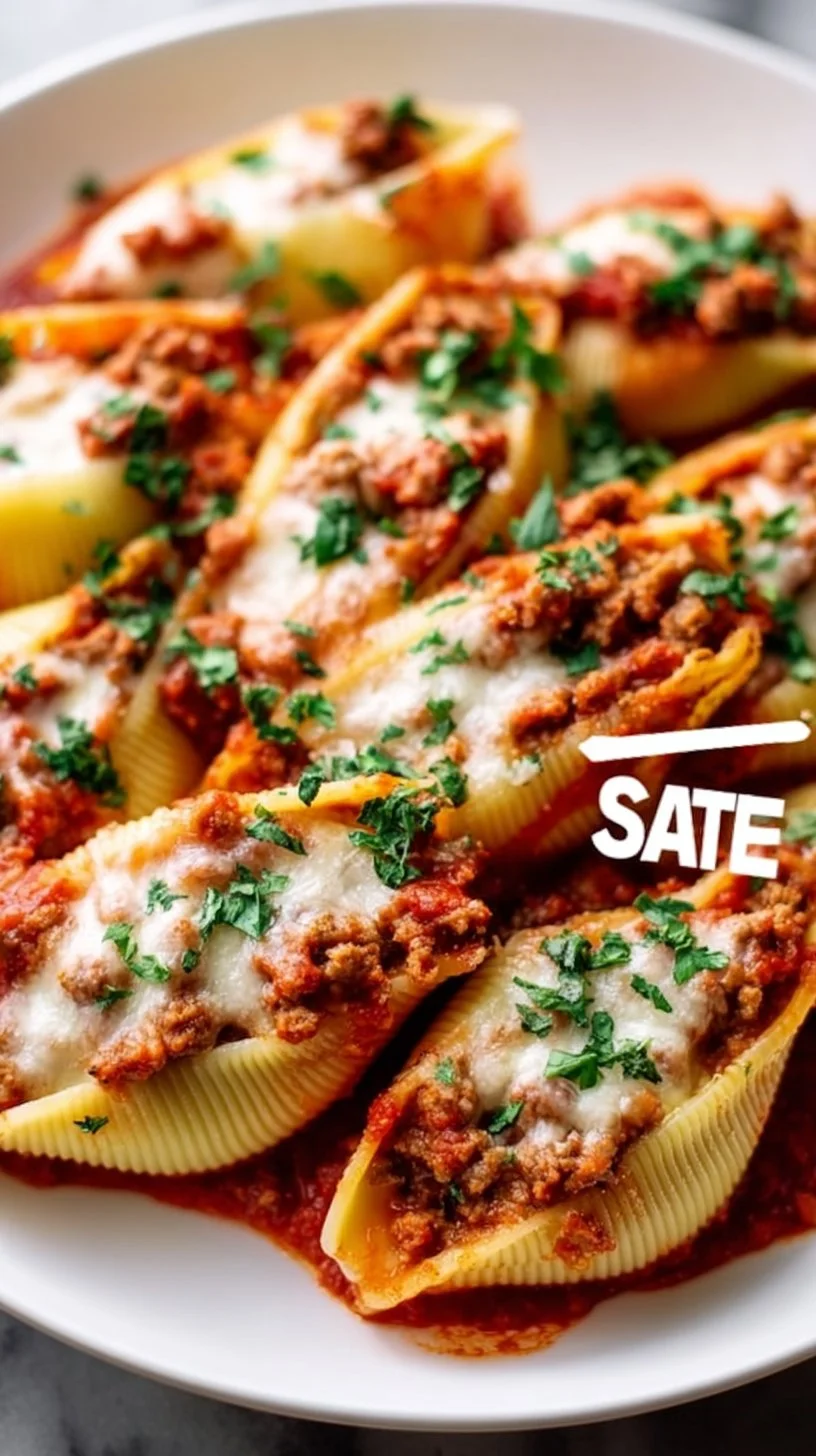 Baked classic ground beef stuffed shells topped with marinara sauce and cheese