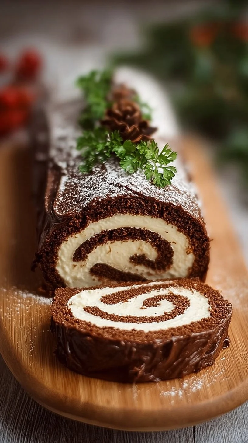 Classic Yule Log Cake decorated for Christmas with frosting and festive toppings