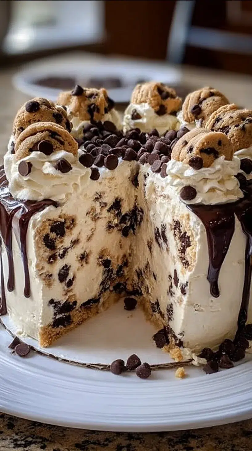 Delicious Cookie Dough Ice Cream Cake with layers of ice cream and cookie dough