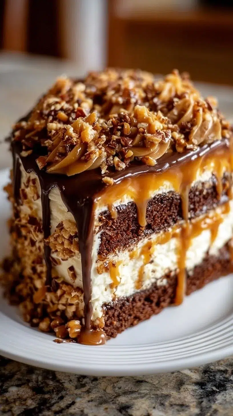 Creamy chocolate caramel toffee crunch cake slice on a plate