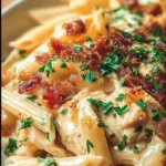 Creamy Crack Chicken Penne dish served in a bowl, garnished with herbs.