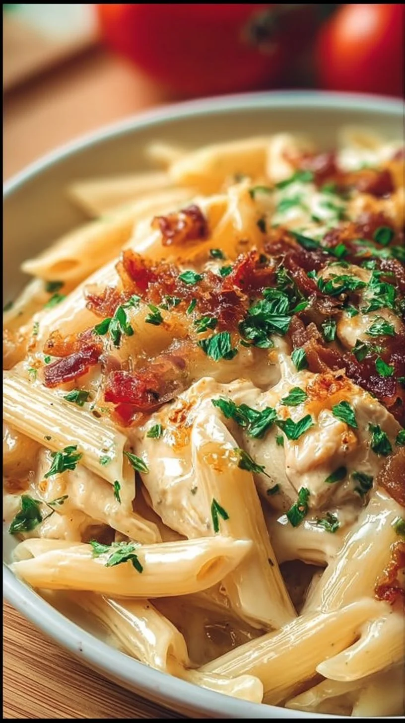 Creamy Crack Chicken Penne dish served in a bowl, garnished with herbs.