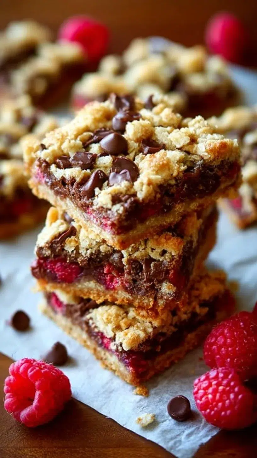 Delicious dark chocolate raspberry oatmeal crumb bars on a plate