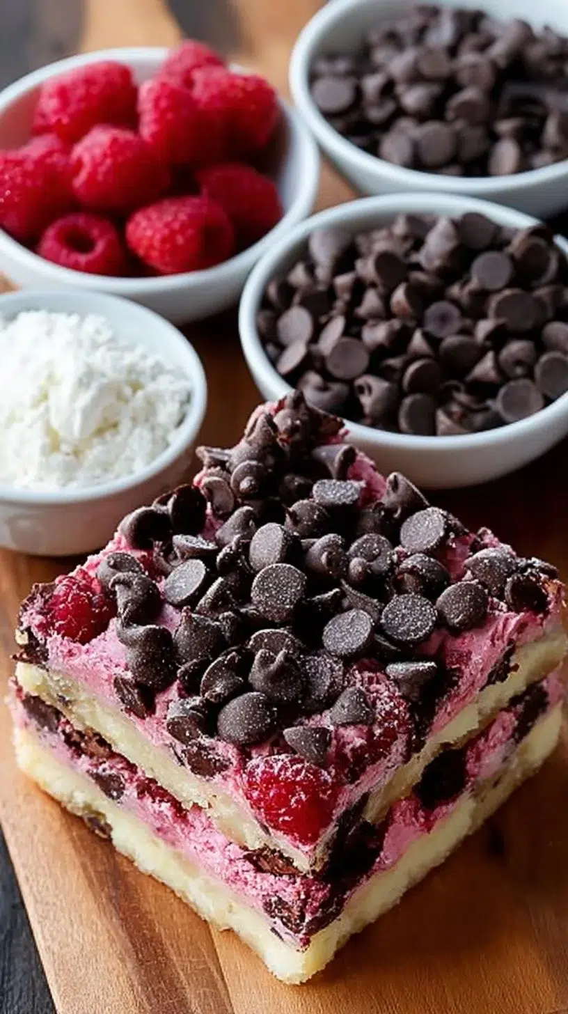 Dark chocolate raspberry pie bars with a crumbly crust and vibrant raspberry filling