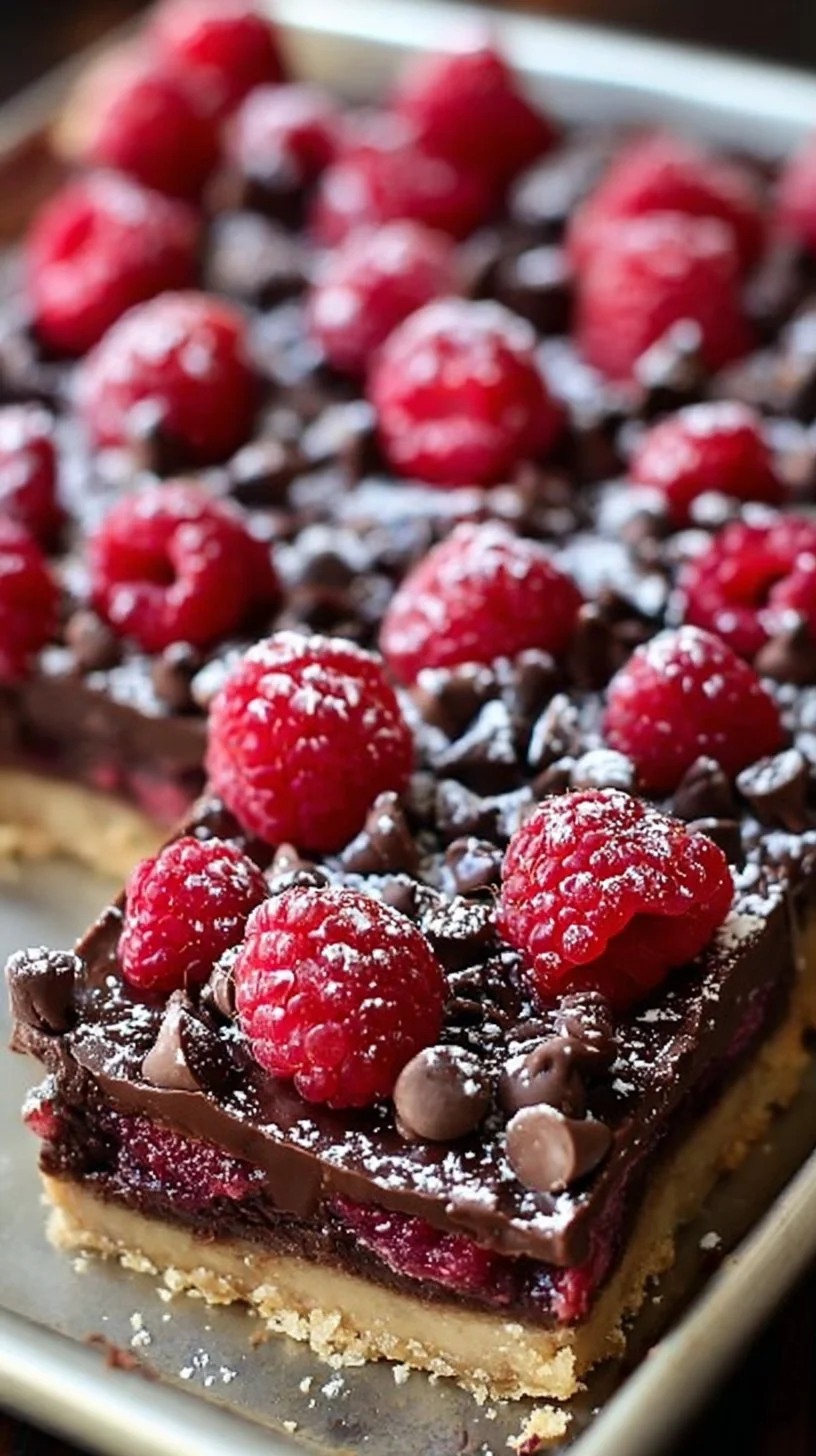 Dark Chocolate Raspberry Pie Bars topped with fresh raspberries and chocolate
