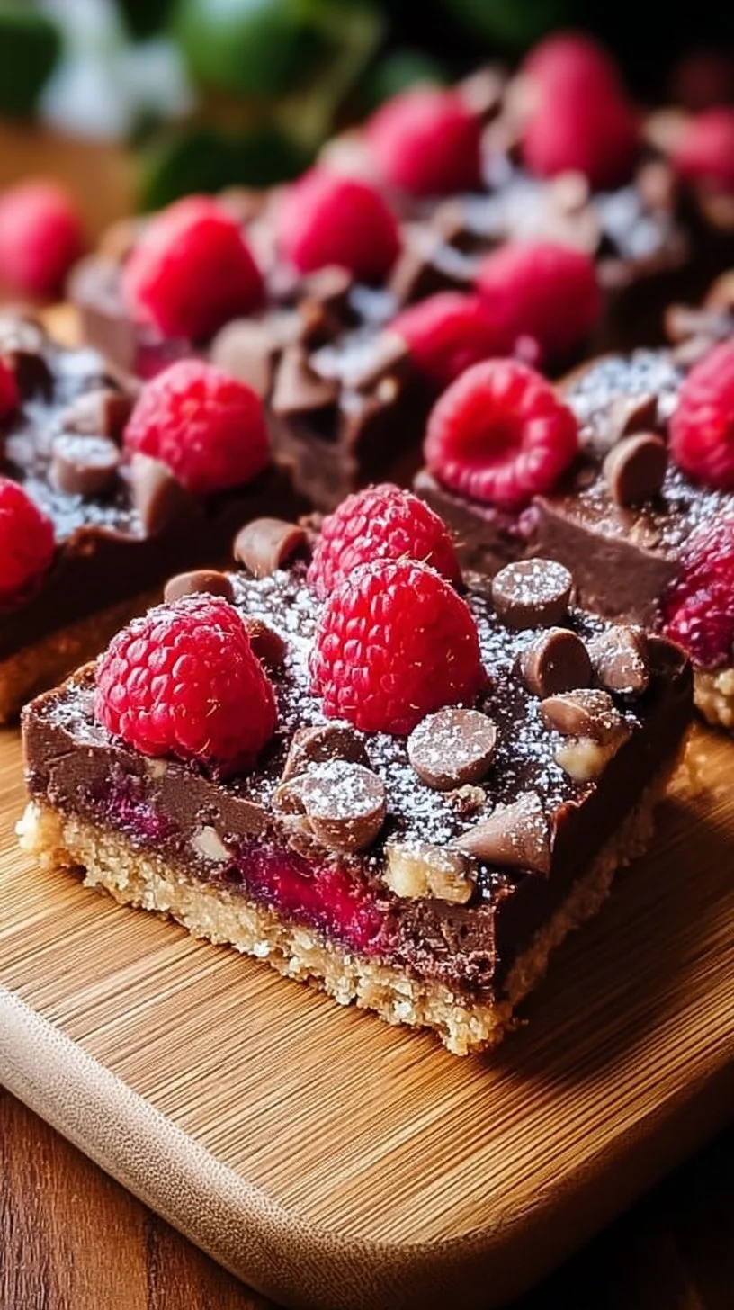 Dark Chocolate Raspberry Pie Bars ready to serve, with rich chocolate and raspberry filling.