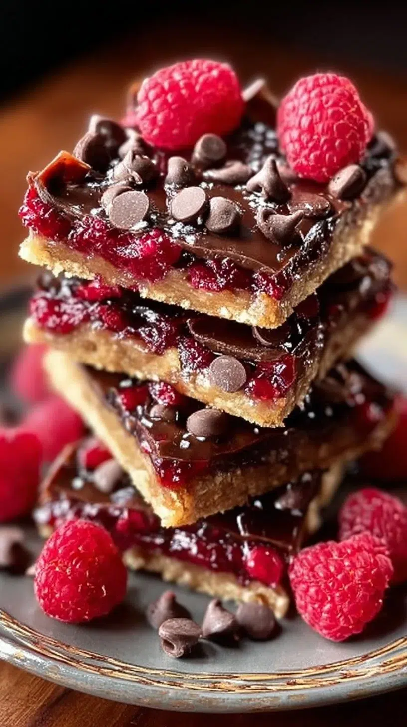 Delicious dark chocolate raspberry pie bars on a plate