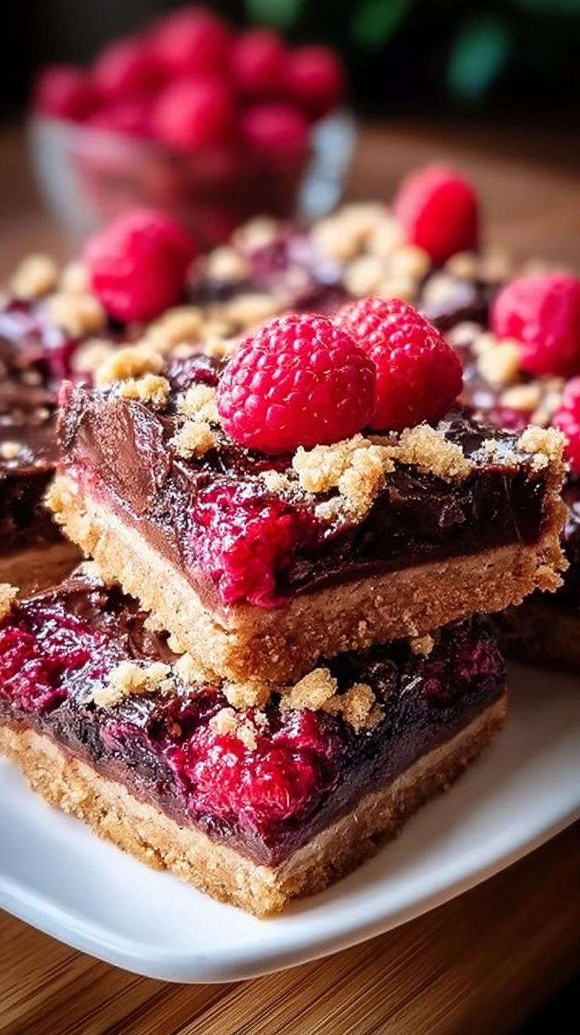 Dark chocolate raspberry pie bars on a white plate with fresh raspberries