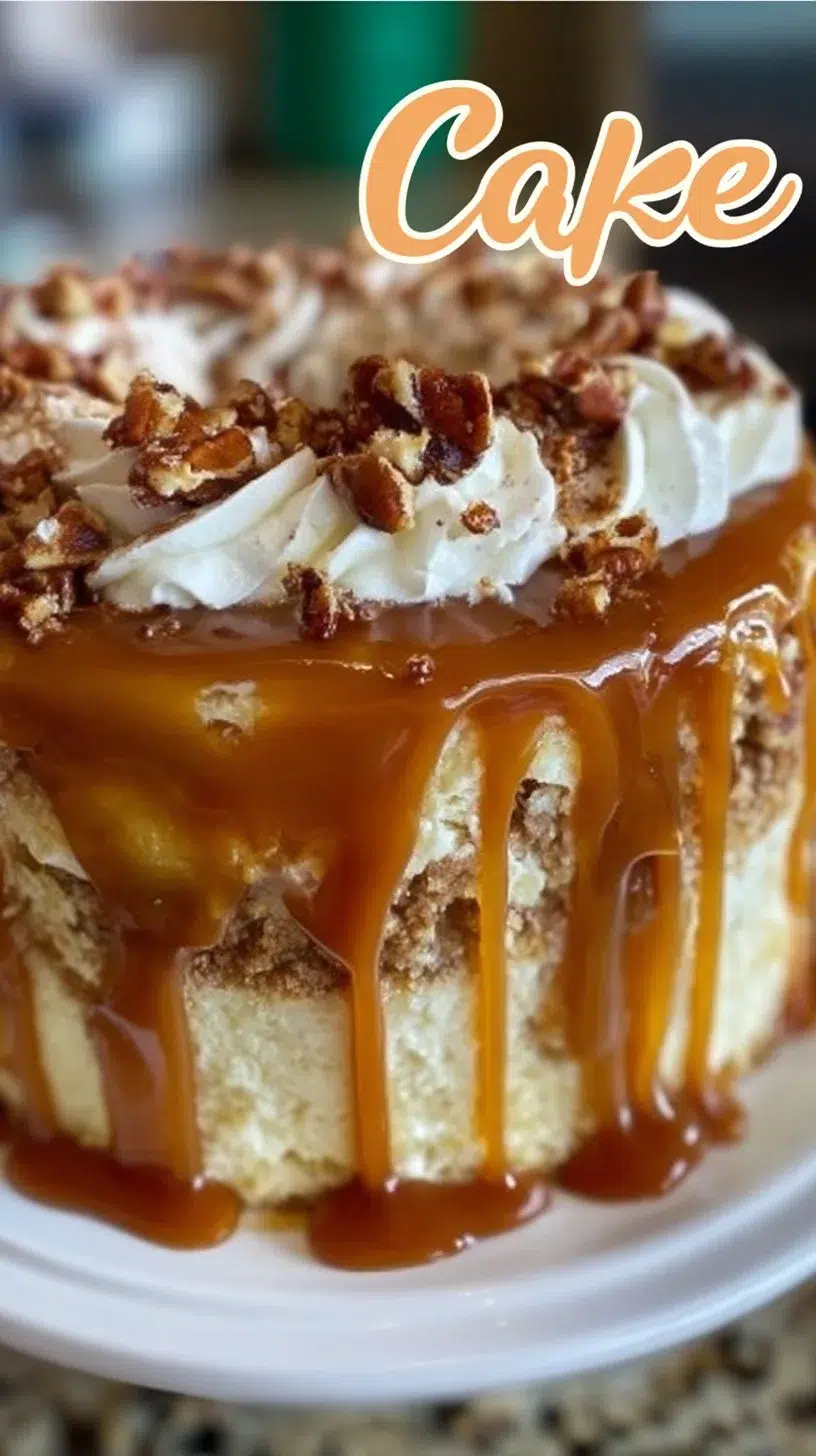Decadent Caramel Crunch Cake topped with rich caramel and crunchy bits