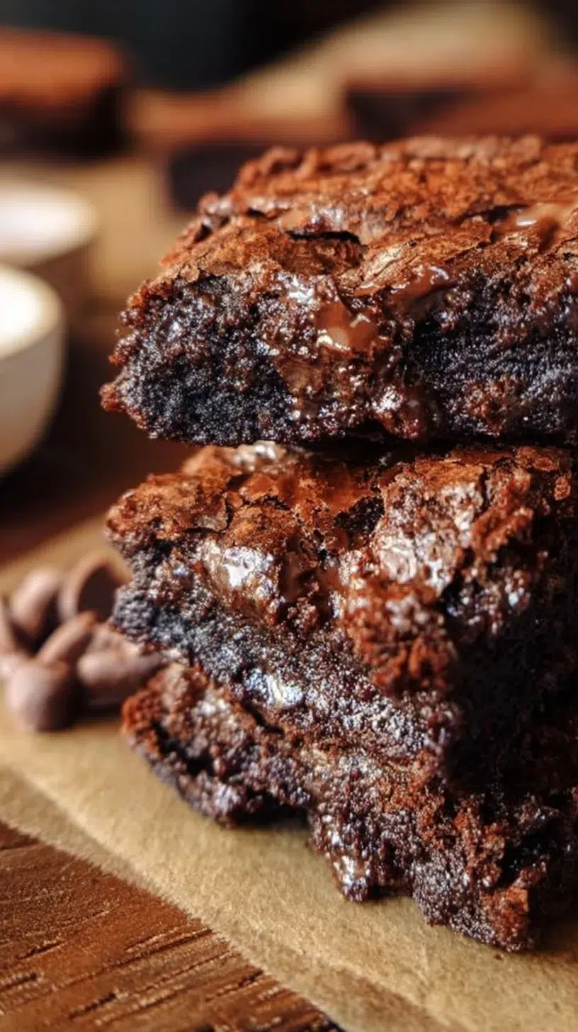 Freshly baked decadent fudgy brownies on a rustic wooden table