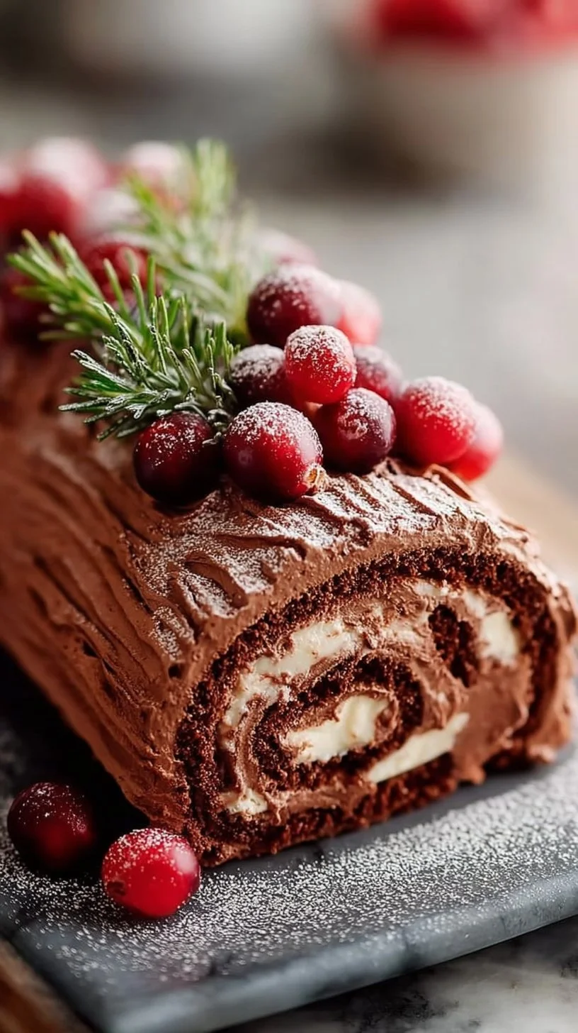 Decadent Yule Log Cake with cranberries, a festive holiday dessert.