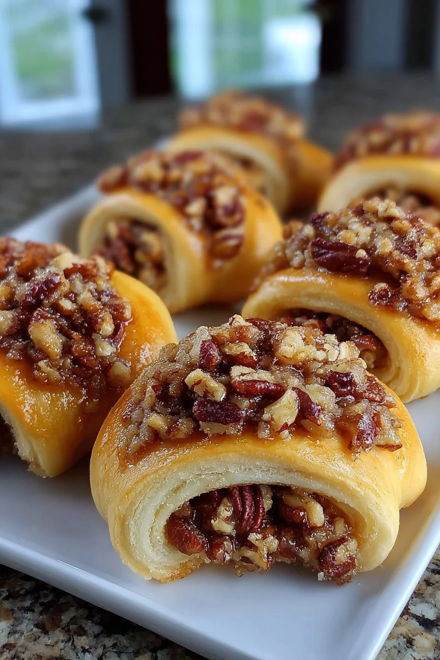 Baked pecan pie crescent rolls drizzled with caramel sauce on a plate.