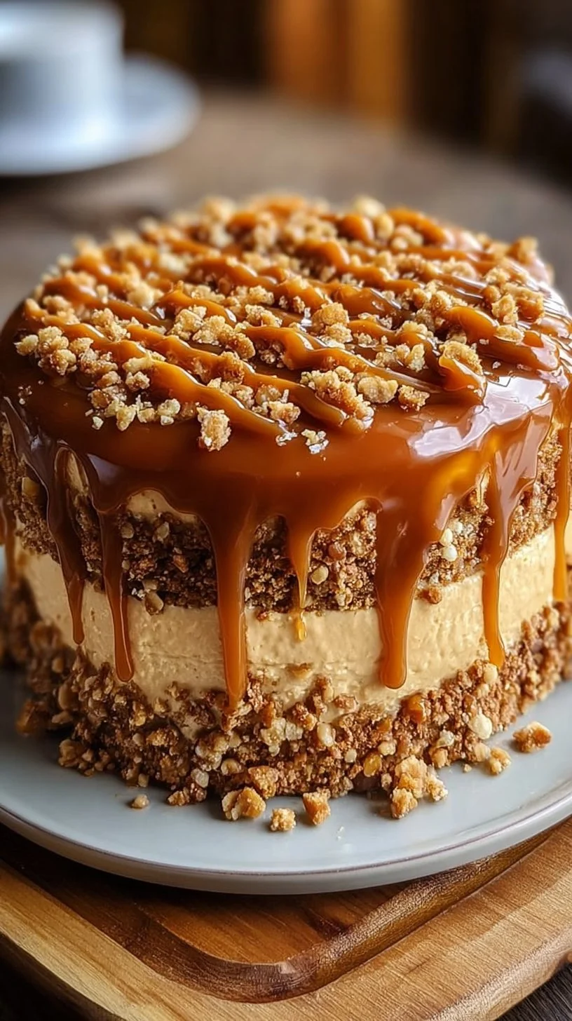 Slice of Dreamy Caramel Toffee Crunch Cake with caramel drizzle and toffee bits