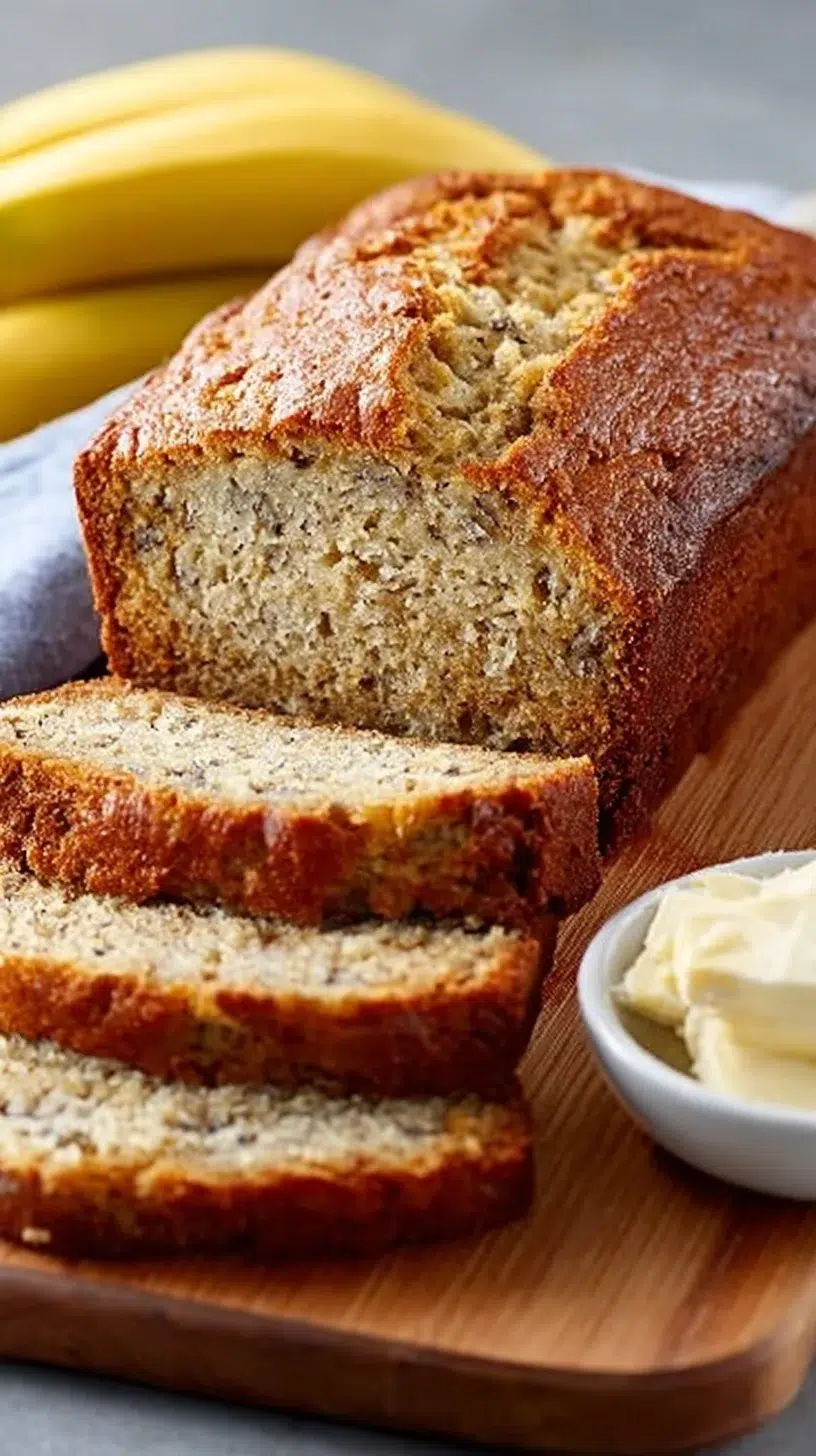 Sliced moist banana bread on a wooden table with bananas in the background