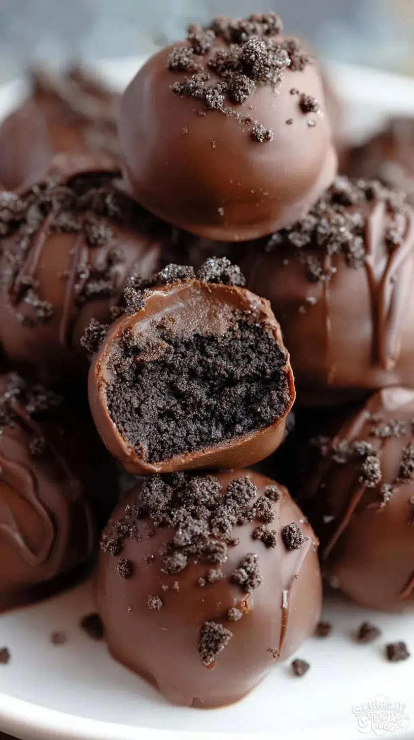 Delicious easy Oreo truffles topped with chocolate sprinkles on a plate.