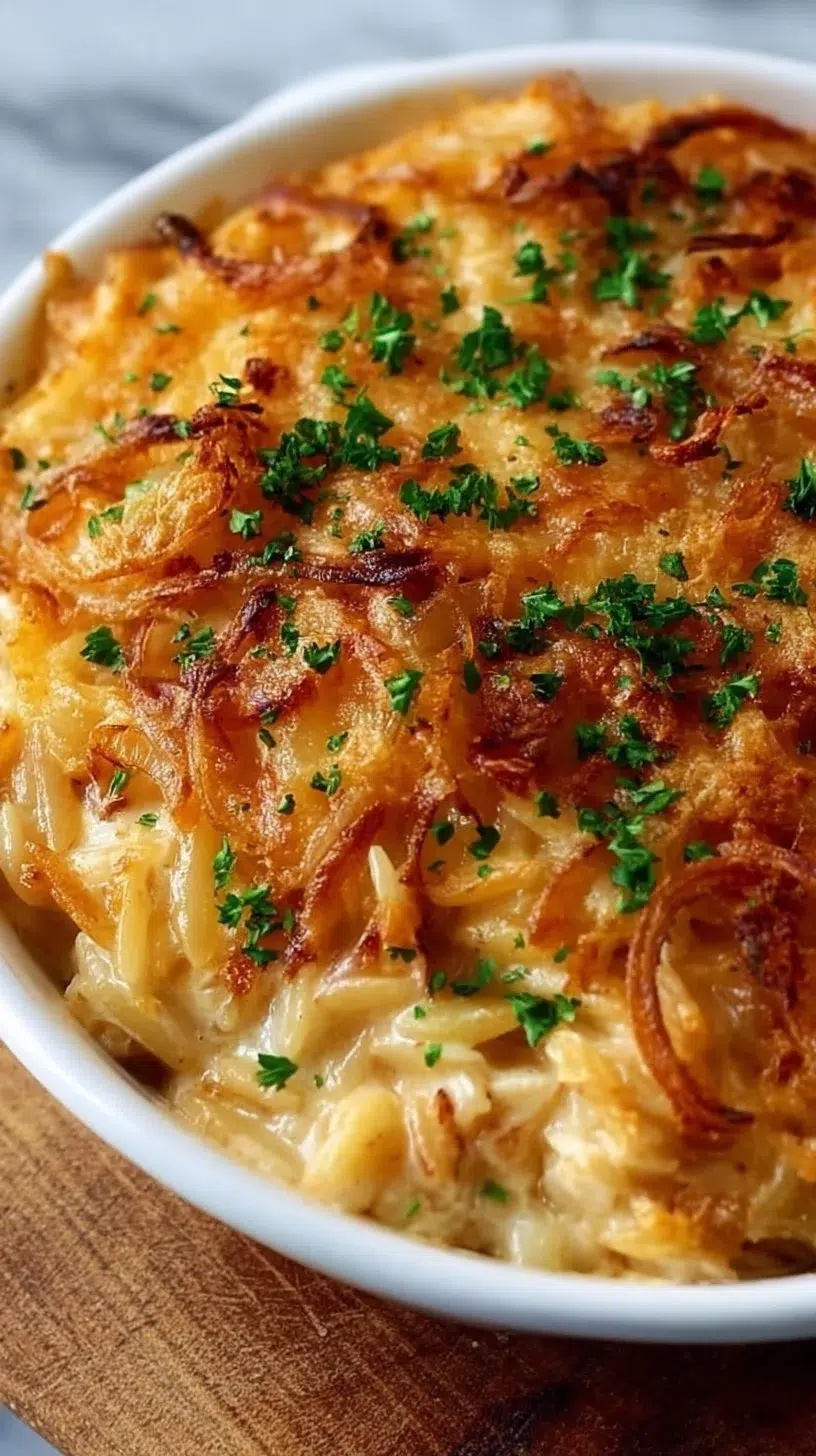 Delicious French onion chicken orzo casserole topped with melted cheese