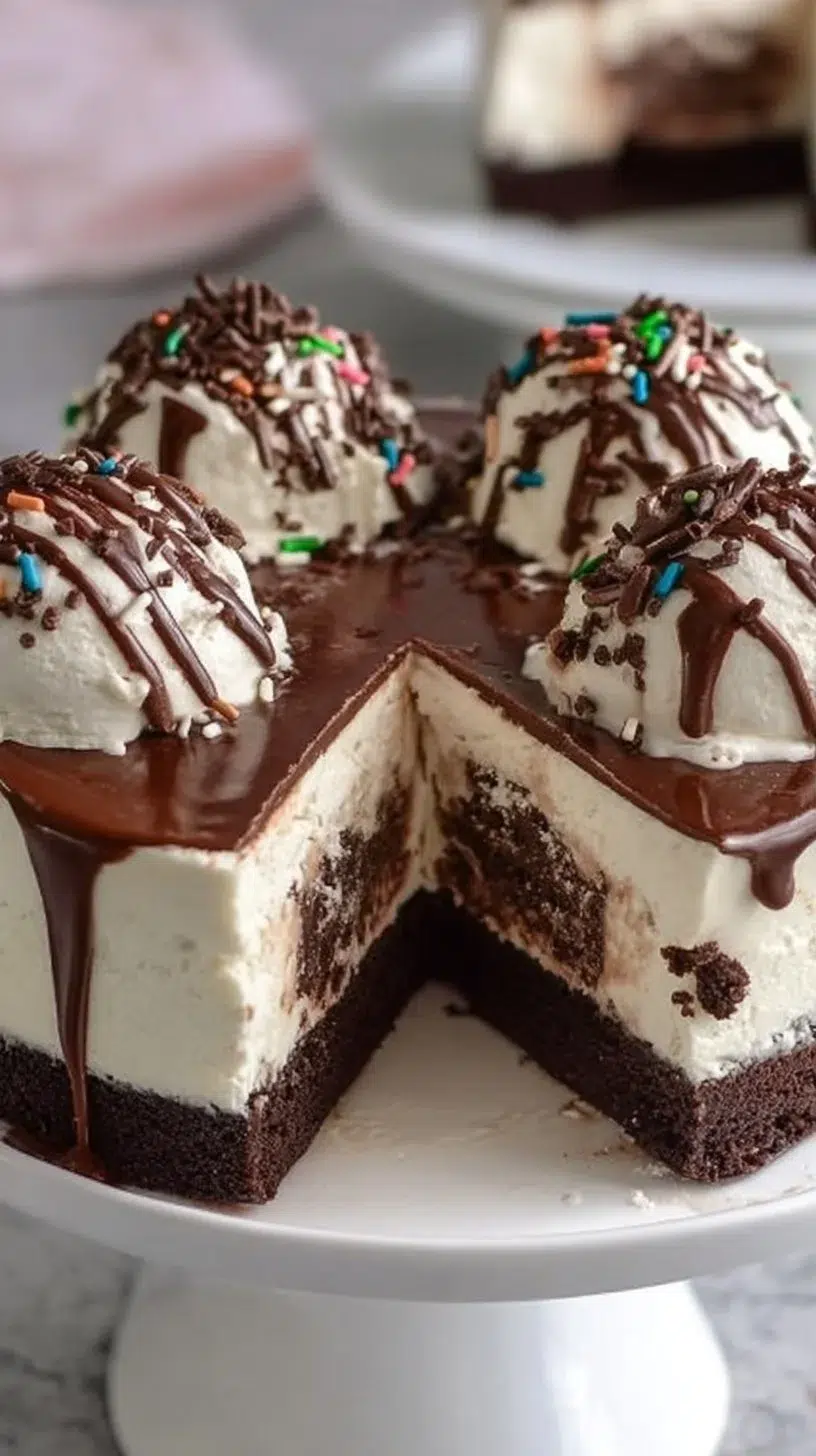 Delicious frozen brownie ice cream cake topped with chocolate and whipped cream