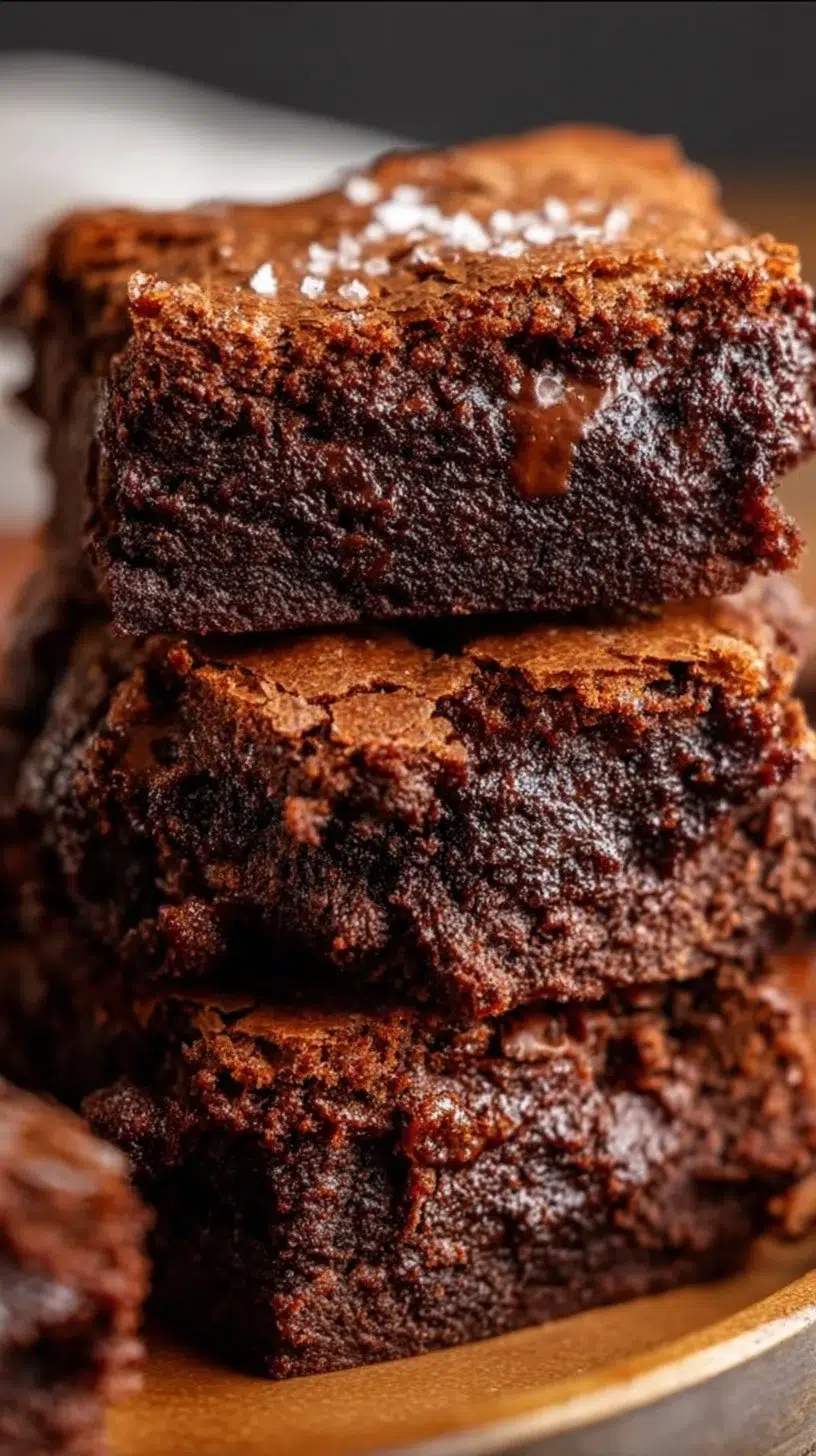 Fudgy triple chocolate brownies with chocolate chunks on a wooden table