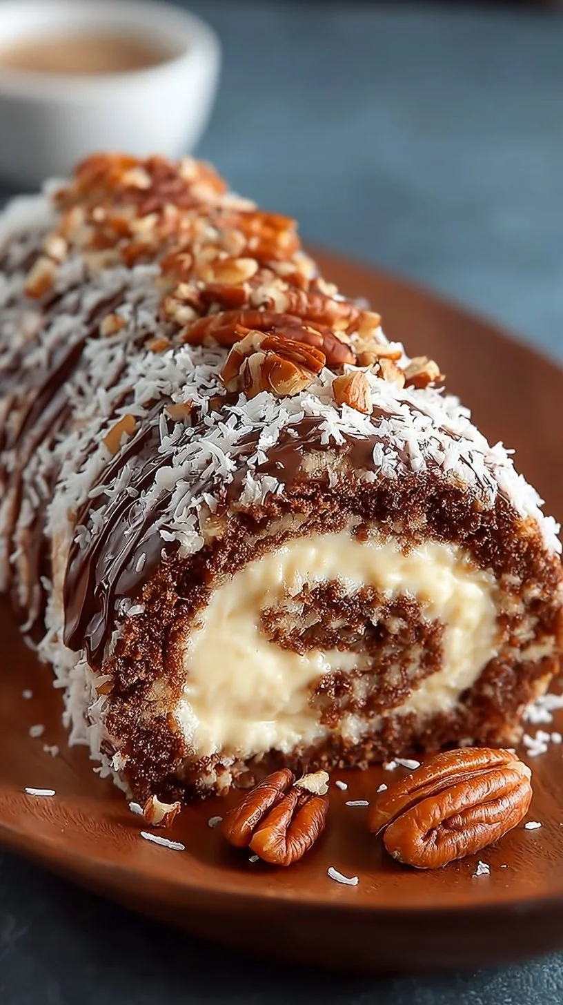 Deliciously rolled German Chocolate Cake with rich frosting and coconut pecan topping
