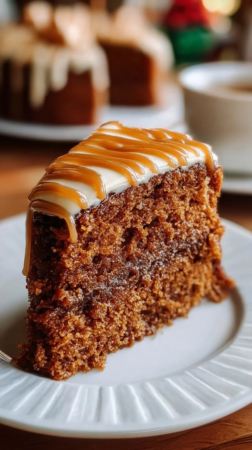 Gingerbread cake with cinnamon molasses frosting on a festive table.