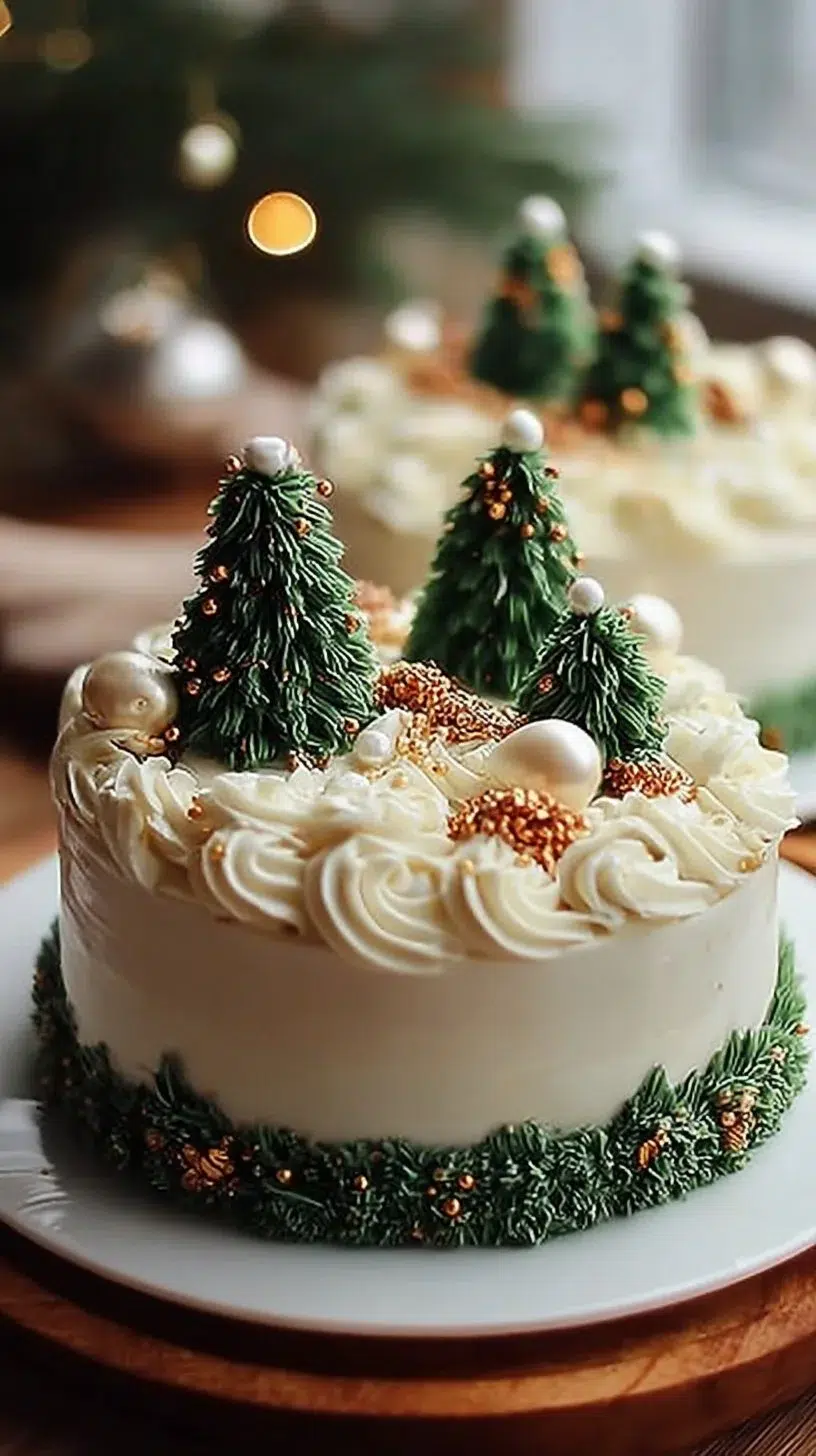 Gold and Green Christmas Trees Cake decorated for holiday celebrations