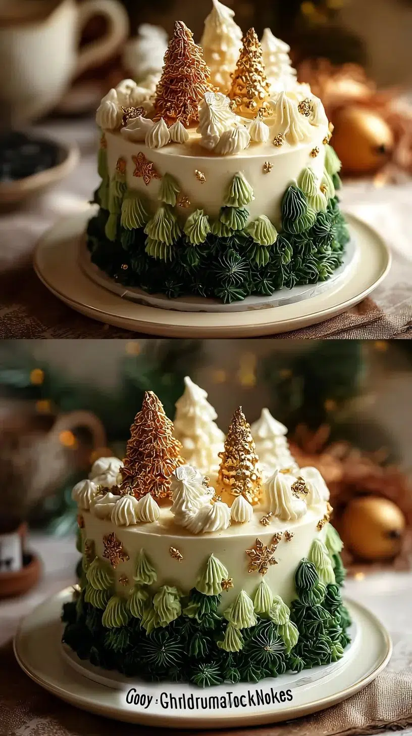 Gold and Green Christmas Trees Cake