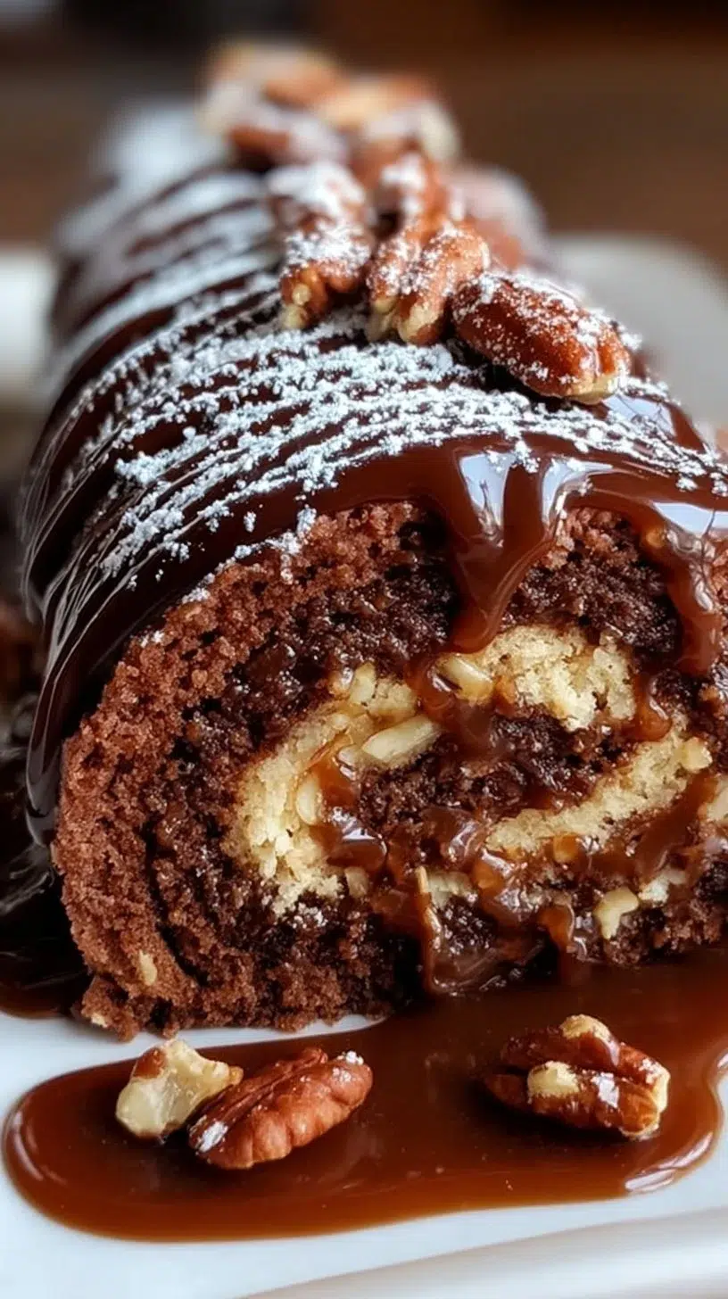 Gooey chocolate caramel pecan cake roll topped with drizzled caramel and pecans