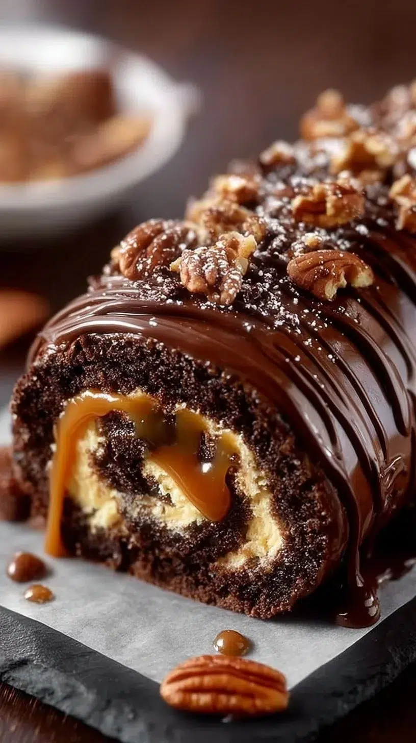 Gooey Chocolate Caramel Turtle Cake Roll garnished with nuts and drizzled with caramel