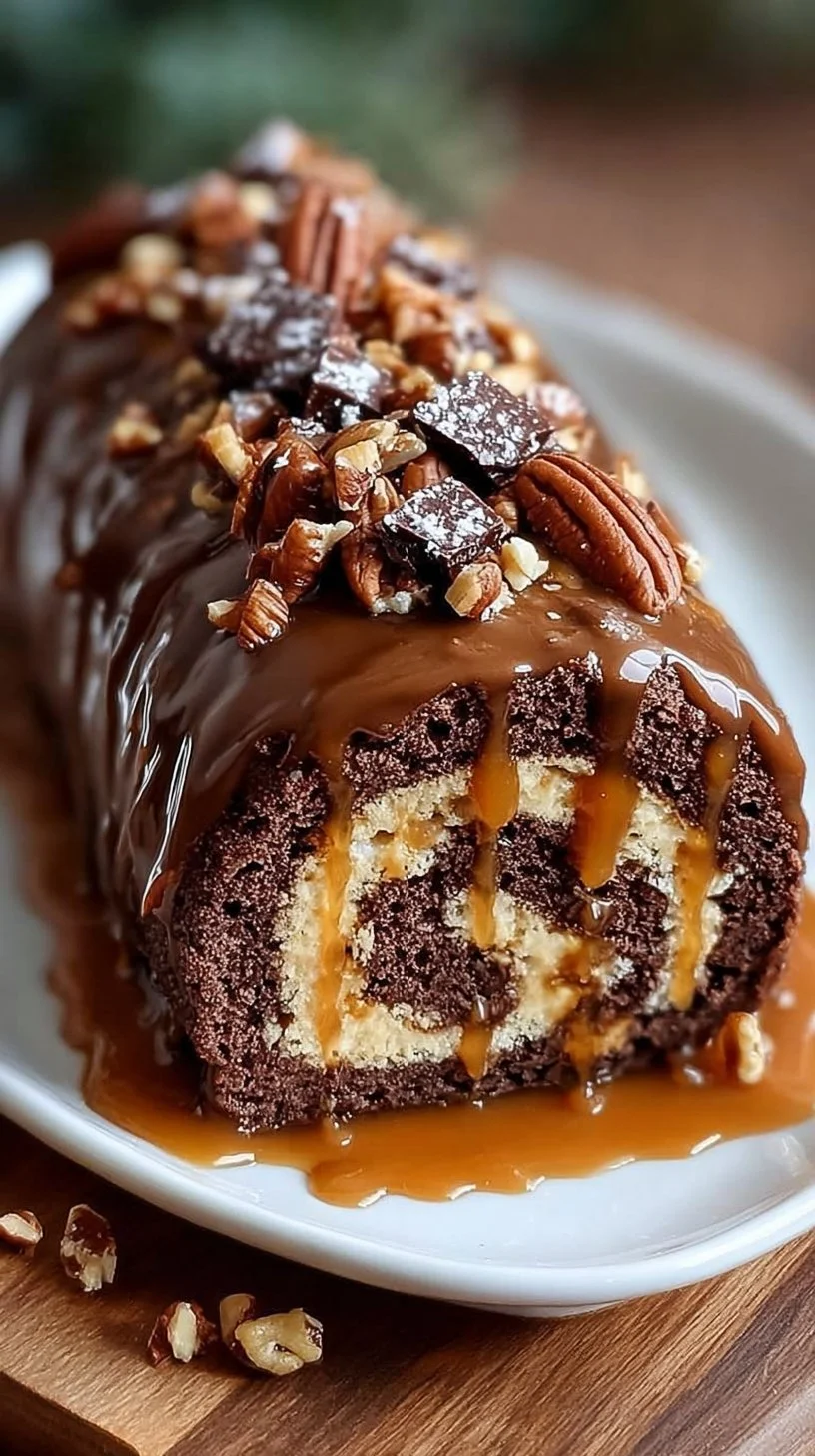 Gooey chocolate caramel turtle cake roll on a rustic wooden table