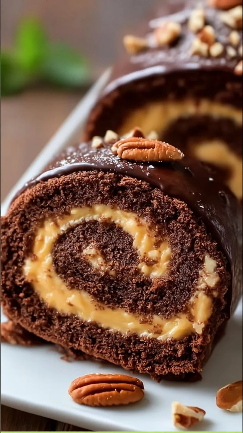 Delicious chocolate caramel turtle cake roll with rich caramel drizzle