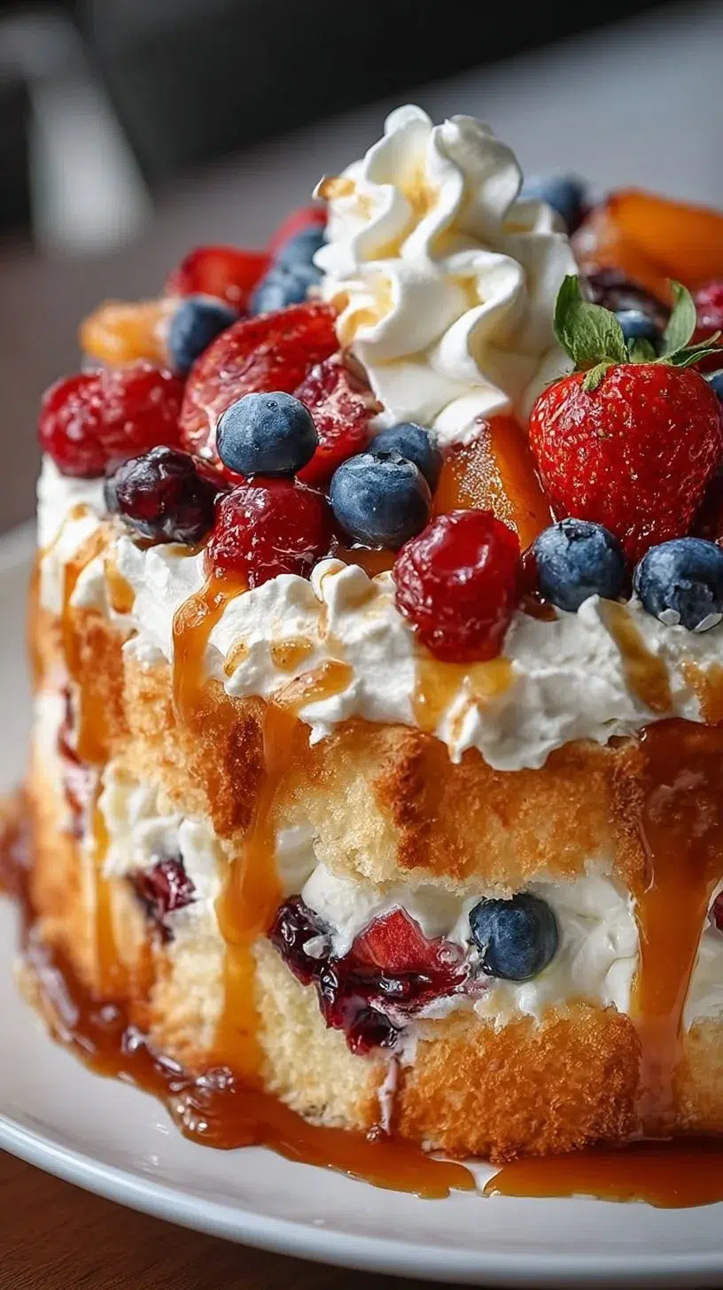 Heaven on Earth Cake, a dreamy no-bake cake dessert garnished with fruits and cream