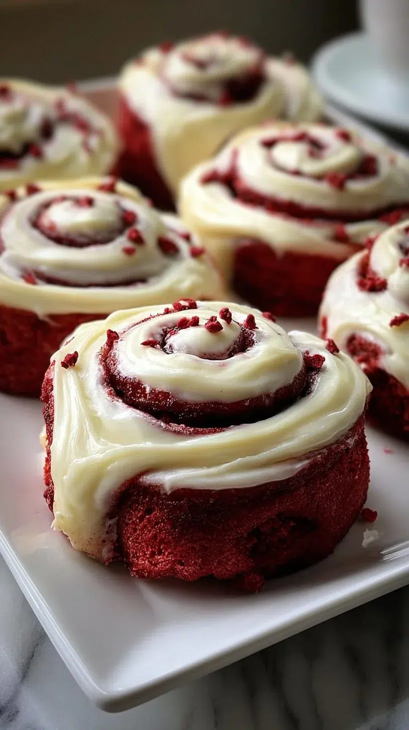 Freshly baked red velvet cinnamon rolls with cream cheese frosting