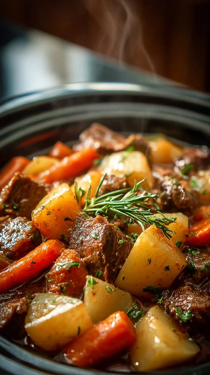 High-protein crock pot beef stew served in a bowl with vegetables