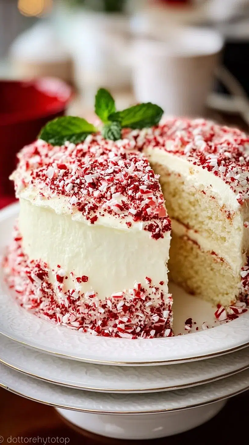 Festive holiday peppermint cake with chocolate layers and peppermint frosting