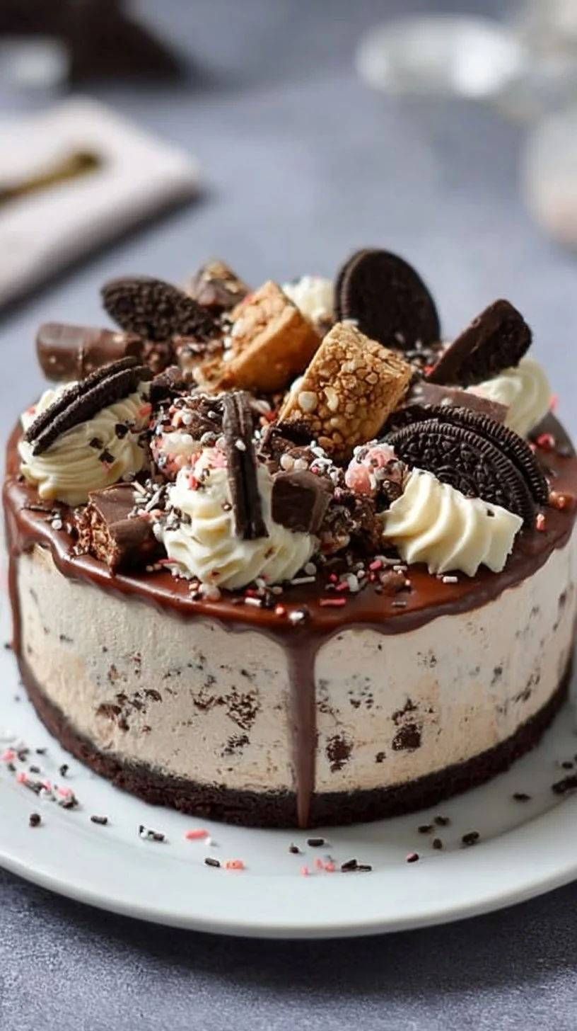 Delicious ice cream cake layered with chocolate and vanilla, topped with colorful sprinkles.