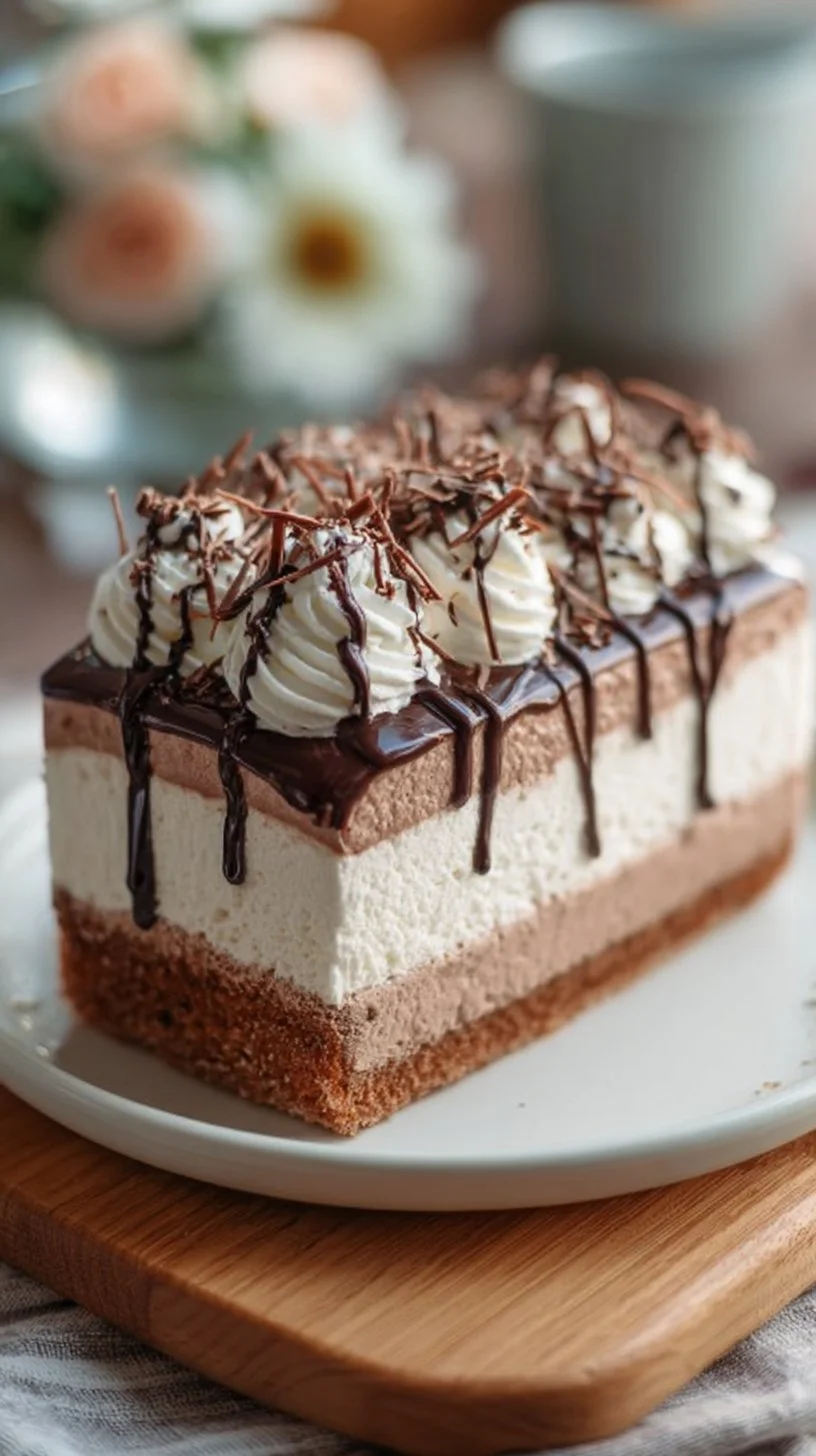 Delicious ice cream cake topped with colorful sprinkles and chocolate drizzle