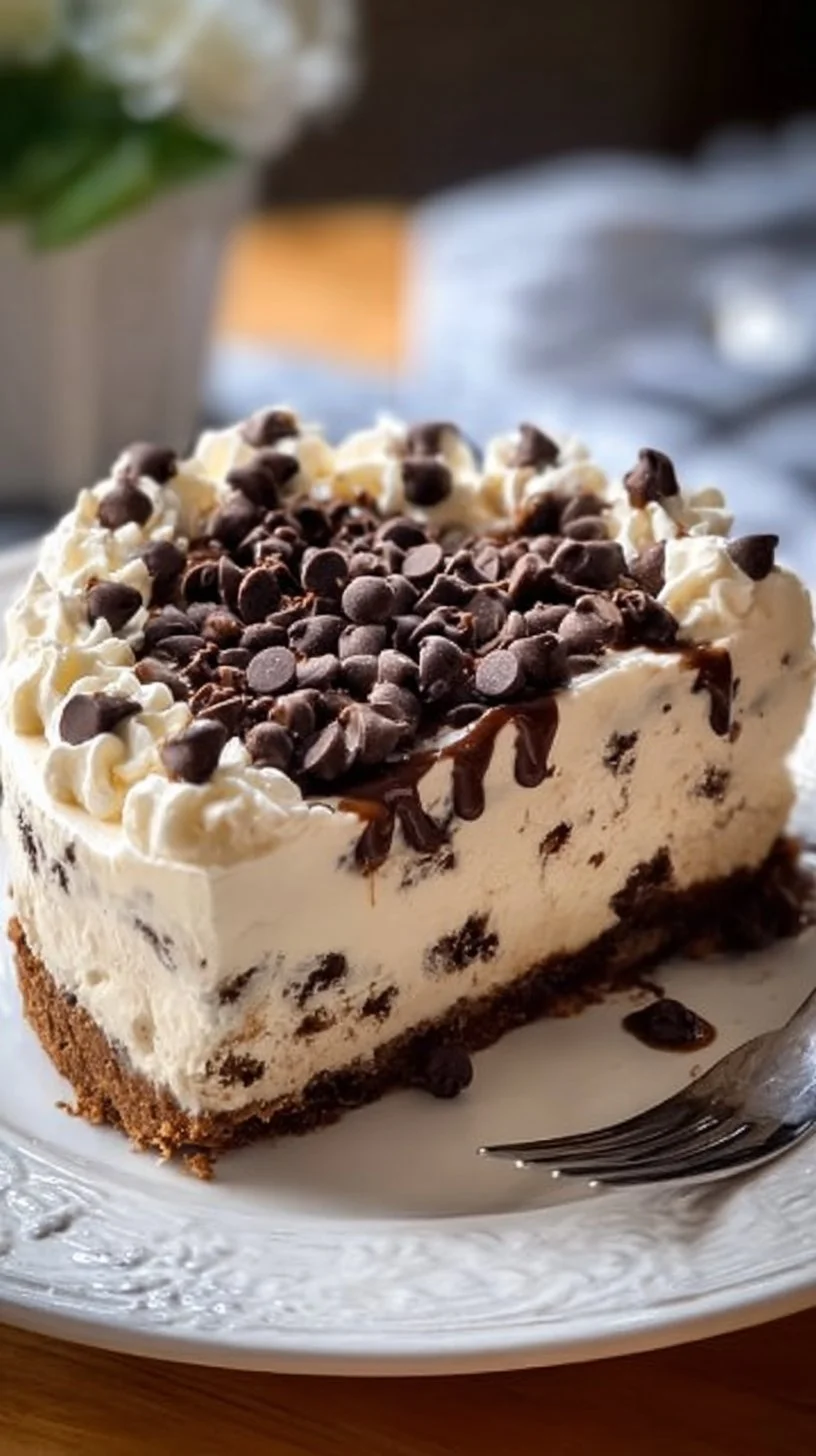 Delicious chocolate chip ice cream cake with creamy chocolate chips and decadent frosting