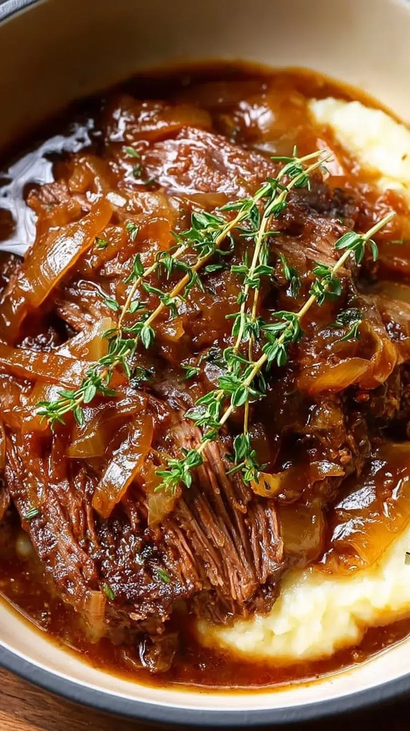 Juicy French Onion Pot Roast with caramelized onions and savory broth