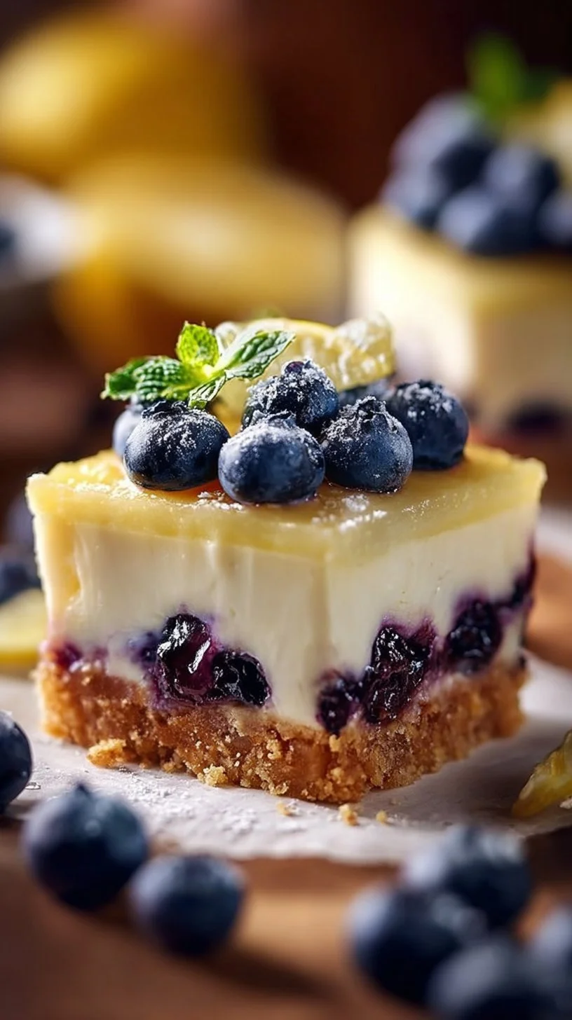 Lemon Blueberry Cheesecake Bars topped with fresh blueberries