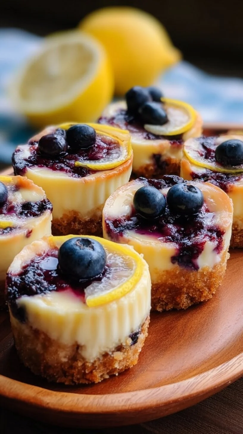 Lemon Blueberry Cheesecake Bites on a dessert platter